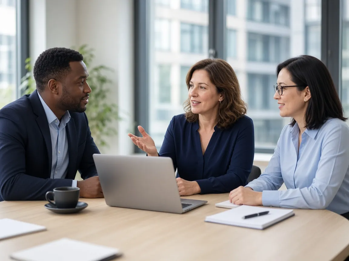 Business team in a UK office discussing workplace training requirements