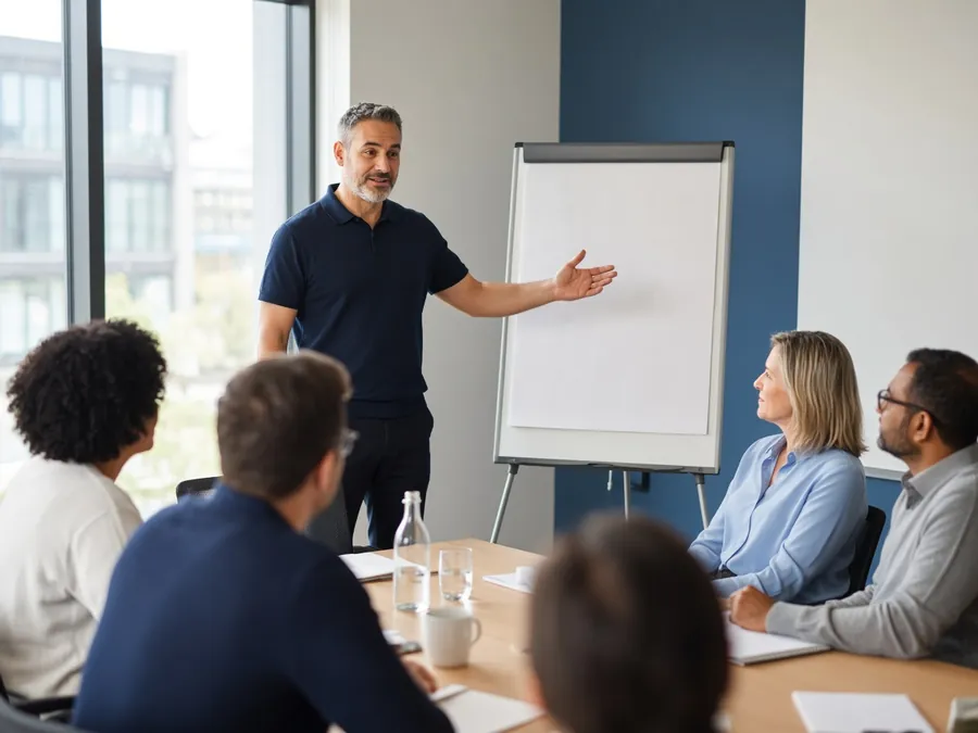Experienced first aid trainer teaching a small group in a bright UK training room
