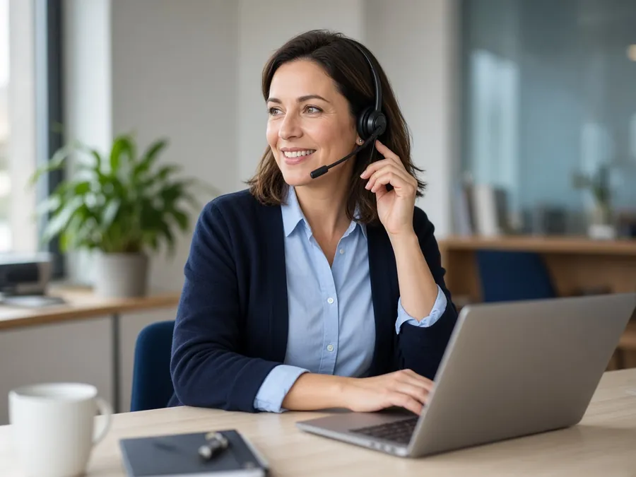 Training adviser on a phone headset helping a customer choose a workplace course